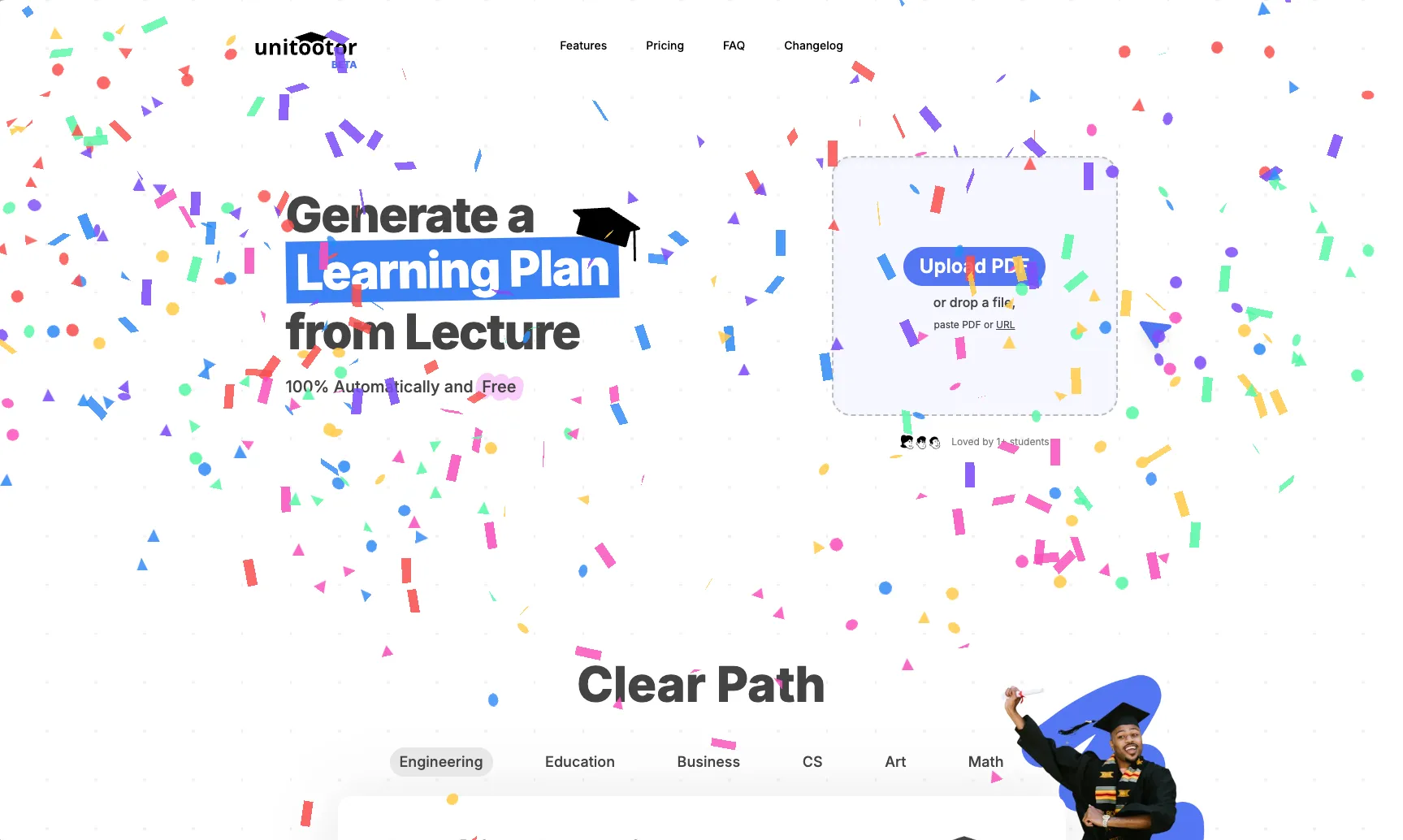 landing page with confetti